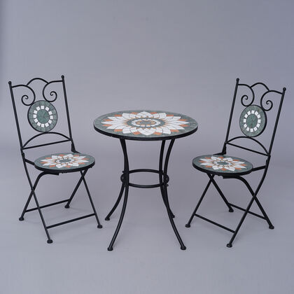 3er-Set Mosaik Tisch und 2 Stühle, Kaleidoskop Muster, Größe T: 60x60x70 cm, S: 39x44x90 cm, Weiß