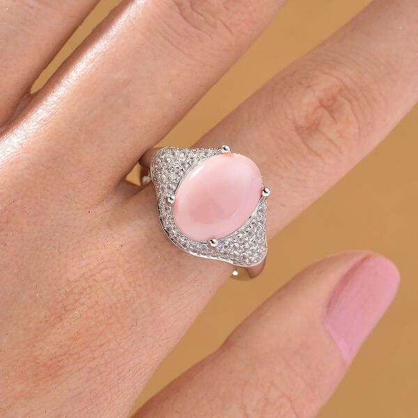 D'Joy Natürlicher Rosa Königsmuschel Perle, Weißer Zirkon Ring 925 Silber rhodiniert (Größe 16.00) image number 1