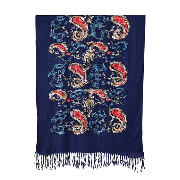 Bestickter Schal mit Fransen, Paisley-Muster, Dunkelblau image number 2