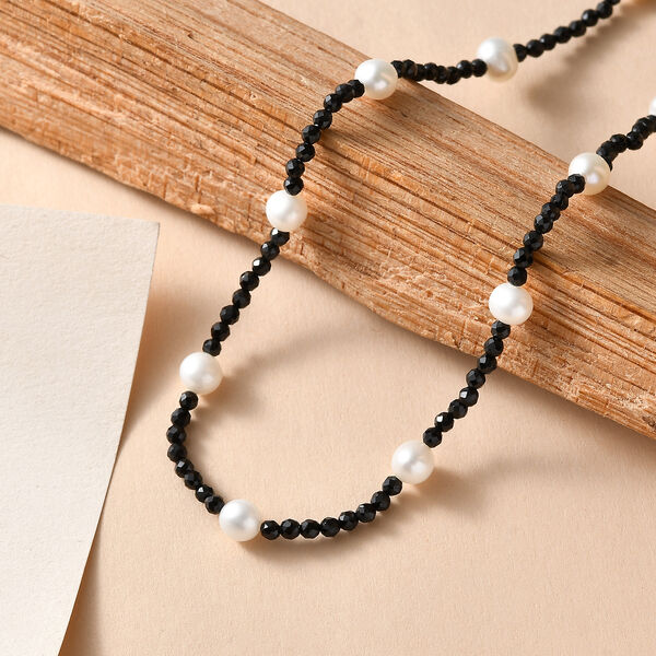 D'Joy Schwarzer Spinell, S&uuml;&szlig;wasser Perle Halskette ca. 60 cm 925 Silber Rhodiniert image number 2