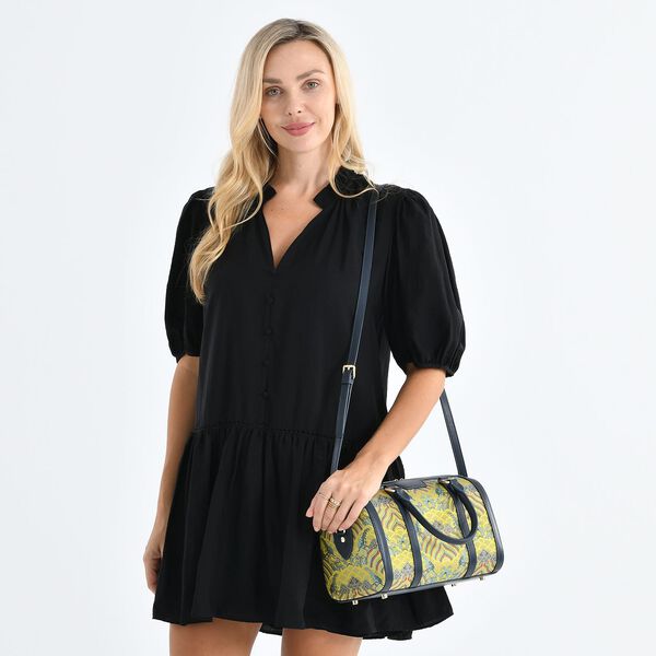 LA MAREY Brokat Crossbody Tasche aus Seide und Echtleder, 30x18x15cm, Gelb image number 2