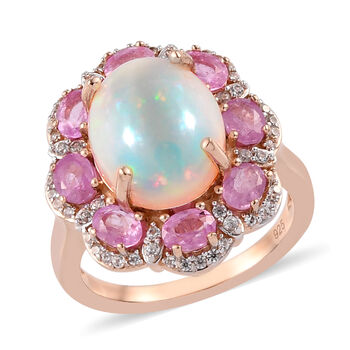 Nat&uuml;rlicher &Auml;thiopischer Opal und Fissure gef&uuml;llt Rosa Saphir Ring 925 Silber Rosegold Vermeil