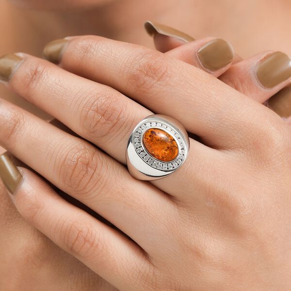 Natürlicher baltischer Bernstein, Weißer Zirkon Ring 925 Silber rhodiniert (Größe 17.00) ca. 1.71 ct image number 3