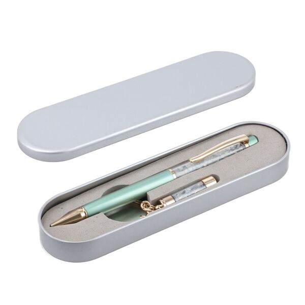 3er Set - Notizbuch mit Einband aus 100% echtem Leder, Kugelschreiber und Schlüsselanhänger gefüllt mit echtem Grandidierit image number 6