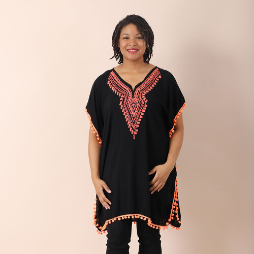 JOVIE bestickter Kaftan mit Quasten, 100% Viskose, Größe: 88x78cm, schwarz mit rosa Stickerei image number 0