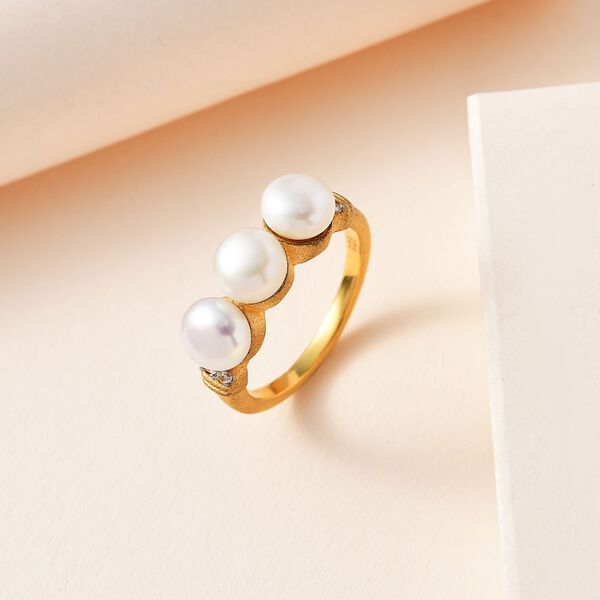 Süßwasser Perle, Weißer Zirkon Ring, 925 Silber Gelbgold Vermeil (Größe 19.00) ca. 0.09 ct image number 2