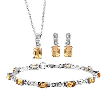 3er Set, Citrin Ohrringe, Armband, Anh&auml;nger mit Kette, Edelstahl, ca. 7.28 ct