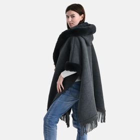 LA MAREY - Poncho aus Webpelz mit Fransen und Fleecefutter, Einheitsgröße, Grau