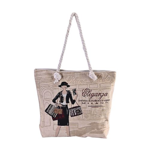 Jacquard gewebte Jute-Tasche mit kunstvollem Muster, 42x34 cm, Khaki image number 0