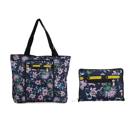 Faltbare Einkaufstasche mit Blumenmuster, aus wasserabweisendem Polyester, mit Innen- und Au&szlig;entasche, 40x43 cm, Tragegriffe ca. 22 cm, Pink