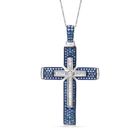 Blauer und weißer Diamant Kreuz Anhänger mit 45cm Kette - 1 ct.