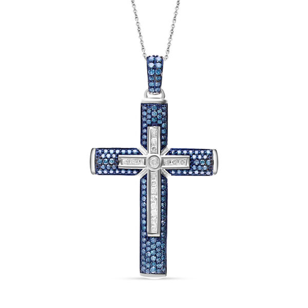 Blauer und wei&szlig;er Diamant Kreuz Anh&auml;nger mit 45cm Kette - 1 ct.