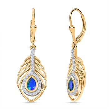 Pfau Quarz Triplette, Wei&szlig;er Zirkon Ohrringe 925 Silber 750 Gelbgold Vermeil ca. 1.62 ct