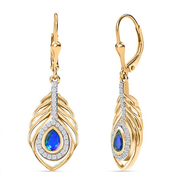 Pfau Quarz Triplette, Wei&szlig;er Zirkon Ohrringe 925 Silber 750 Gelbgold Vermeil ca. 1.62 ct