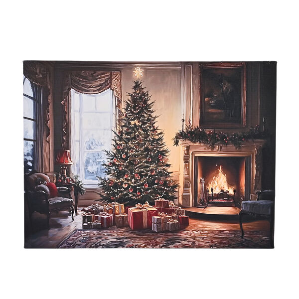 LED-Leinwandbild Gem&uuml;tliche Weihnachtsstube mit Kamin, mit 3 warmwei&szlig;en LEDs und 30 Lichtfasern, 30x40x1,8cm