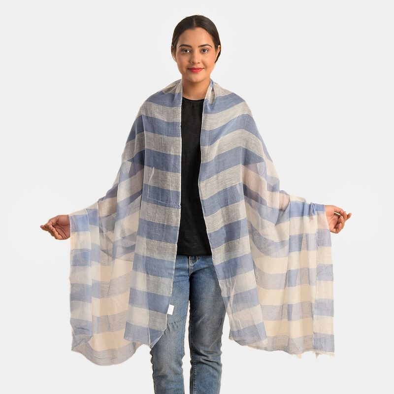 Baumwolle und Seide Unisex Schal, Streifenmuster, Größe 210x100 cm, Blau und Weiß image number 0