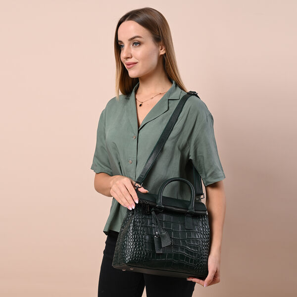 Schultertasche aus 100% echtem Leder mit Kroko-Pr&auml;gung und abnehmbarem Riemen, Dunkelgr&uuml;n&nbsp; image number 2