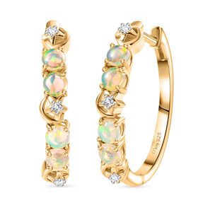 D'Joy AA Natürlicher, äthiopischer Welo Opal, Weißer Zirkon Ohrringe 925 Silber 750 Gelb Vergoldet ca. 1,02 ct.