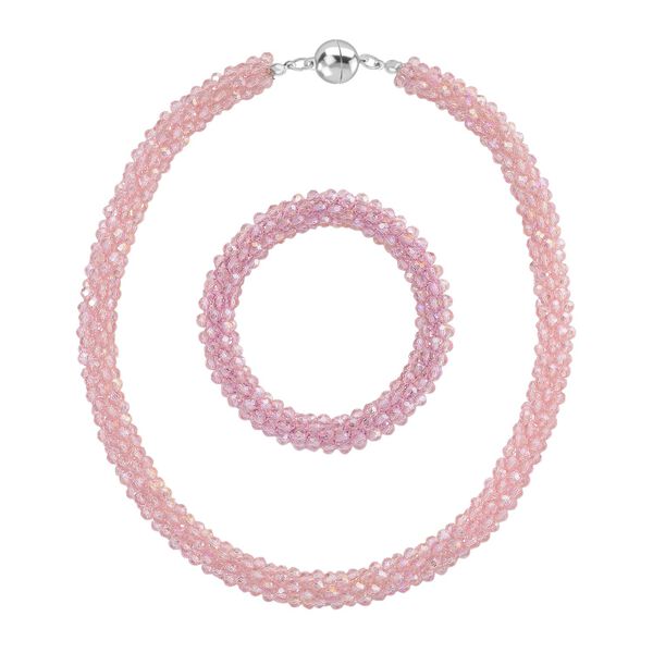 2er Set - Rosa Kristall Halskette und Armband, flexibel