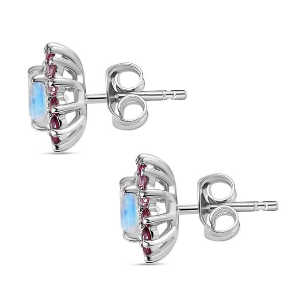 AA Regenbogen Mondstein und Signity leuchtend rote Topas-Ohrringe - 2,17 ct. image number 6