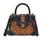 GRAND PELLE Elite Kollektion - Exklusive Handgravierte Leder-Satchelhandtasche mit Floralem Meisterwerk, Größe 23 x 16,5 x 9,5 cm, schwarz