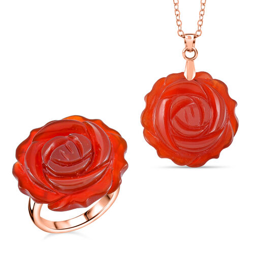 2er Set - Handgeschnitzter Gefärbter roter Achat Anhänger mit Kette und Ring (Größe 16.00), rosefarben, ca. 30.00 ct image number 0