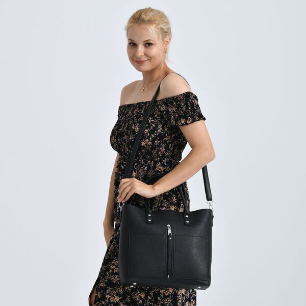 Echtleder Crossbody Tasche, mehrere Fächer, Reißverschluss vorne, 31 x 12.5 x 29 cm, Schwarz image number 3