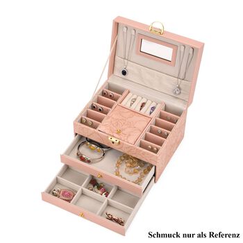 3-lagige PU Schmuckk&auml;stchen mit gepr&auml;gtem Blumenmuster, 22x17x13 cm, Rosa