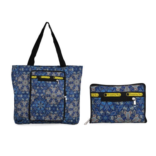 Faltbare Einkaufstasche mit Blumenmuster, aus wasserabweisendem Polyester, mit Innen- und Außentasche, 40x43 cm, Tragegriffe ca. 22 cm, Blau image number 0