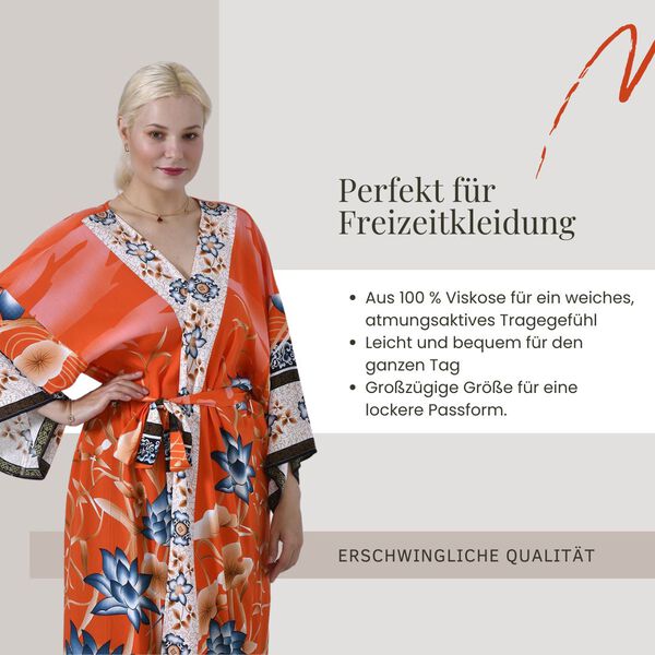 Kimono mit G&uuml;rtel, Vogel- und Blumenmuster, 128&times;78 cm, Orange image number 3