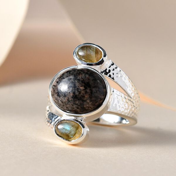 Handgearbeiteter, natürlicher Yooperlith und Labradorit-Ring, 925 Silber, ca. 6,23 ct image number 2