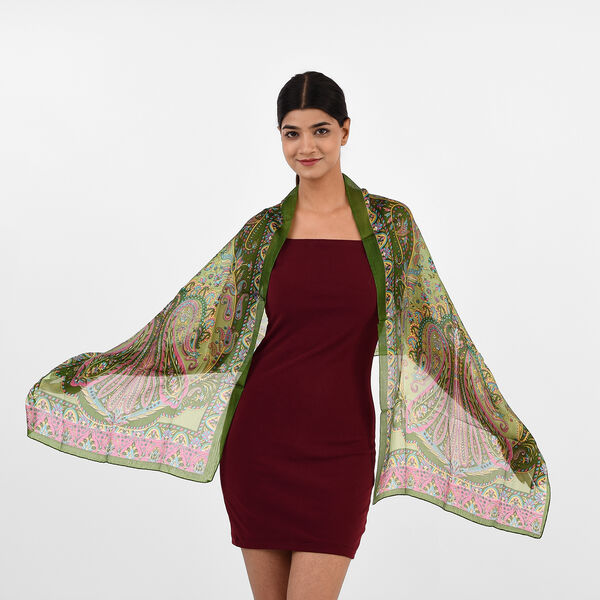 100% Natur Seide, Designer Schal, 50x160 cm, Olivgr&uuml;n image number 2