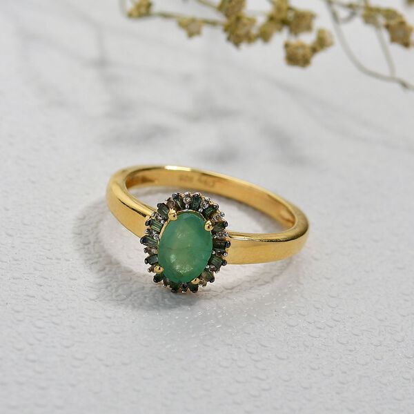 D'Joy Kagem Sambischer Smaragd, Weißer Zirkon Ring 925 Silber 750 Gelbgold Vermeil (Größe 18.00) ca. 0,91 ct image number 2