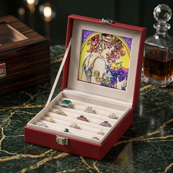 "PU with Suncatcher glass window Ring box,  Size:15.5x15.5x5.5cm, center glass size:11.5cmD, Material: PU+Glass Weight: about 297g. Color: Wine Red" image number 1