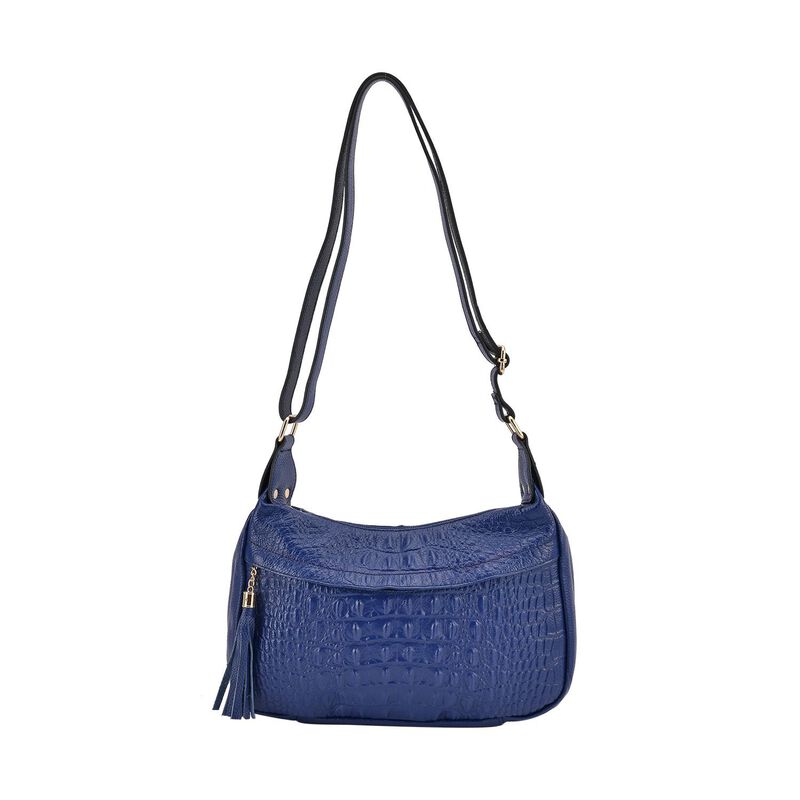 Crossbody-Tasche aus Leder mit Krokodilprägung, Größe 28x10x25cm, blau image number 0