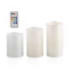 Echtwachs Kerzen mit Glitter und LED in 3er Set, Fernbedienung, Timer, Multi-Modis, 7,5 - 10 - 12,5 cm hoch, 550g