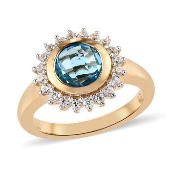 Schweizer Blautopas und Zirkon-Ring, 925 Silber vergoldet (Gr&ouml;&szlig;e 16.00) ca. 2,02 ct