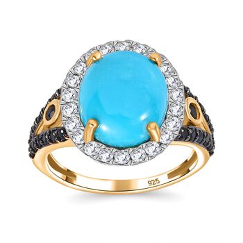 AAA amerikanischer nat&uuml;rlicher Sleeping Beauty T&uuml;rkis, blauer Saphir und Moissanit-Ring - 5,38 ct.