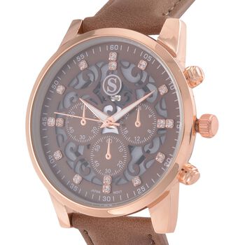 Strada Japanisches Uhrwerk - Exklusive Uhr mit braunem Hohlzifferblatt, braunem PU-Band und Edelstahl-Schnalle, Wei&szlig;er Kristall Uhr, 23cm, rose