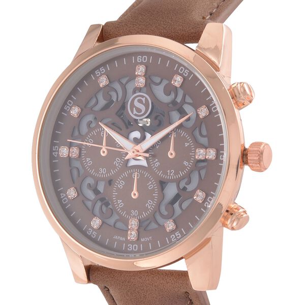 Strada Japanisches Uhrwerk - Exklusive Uhr mit braunem Hohlzifferblatt, braunem PU-Band und Edelstahl-Schnalle, Wei&szlig;er Kristall Uhr, 23cm, rose image number 3