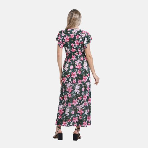   Smocked Waist Maxi Dress with Flutter Sleeve Size:(W13.7XL49inch) (W35*L125cm)size:one sizeColor:green basic with pink floralMaterial:100%Viscoseweight:250g   image number 1