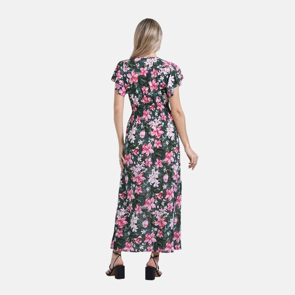 Floral Romance Maxikleid mit gesmokter Taille und Volantärmeln, 35x128cm, Grün mit Pink image number 2