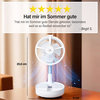 Faltbarer und wiederaufladbarer Ventilator mit LED-Licht und USB-Kabel, Wei&szlig;