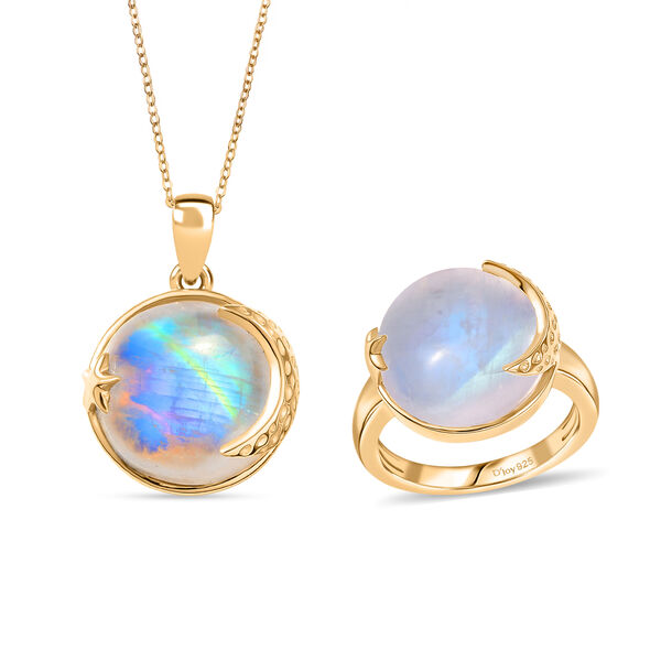 D'Joy AA Regenbogen Mondstein Ring und Anh&auml;nger mit 50cm Kette