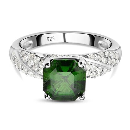 Nat&uuml;rlicher Chromdiopsid und wei&szlig;er Zirkon-Ring, 925 Silber rhodiniert (Gr&ouml;&szlig;e 17.00) ca. 3.11 ct