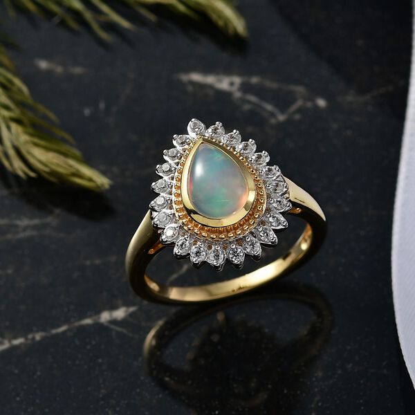 D'Joy AA Nat&uuml;rlicher, &auml;thiopischer Welo Opal, Wei&szlig;er Zirkon Ring 925 Silber vergoldet (Gr&ouml;&szlig;e 17.00) ca. 1.28 ct image number 2