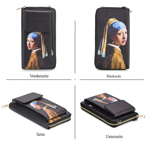 PU Handytasche mit RFID-Schutz, 20x11x2cm, M&auml;dchen mit Perlenohrring-Muster, Schwarz image number 5