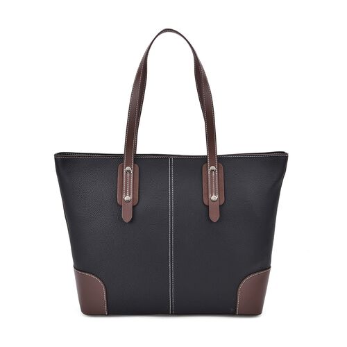 Echtleder Modische, geräumige Kontrastfarbene Tasche mit Verschluss, Größe: 33x13x29 cm, Schwarz image number 0