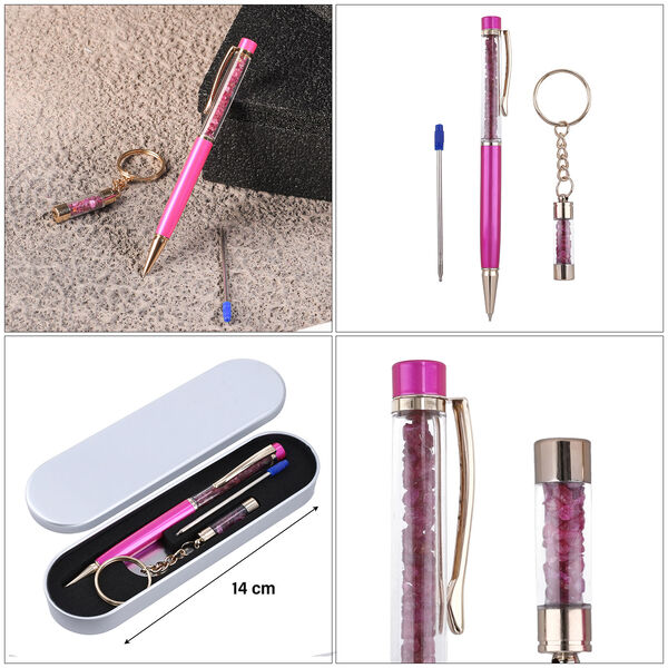 Premium Kollektion - Echter Rubin Kugelschreiber mit extra Mine und Schlüsselanhänger image number 5