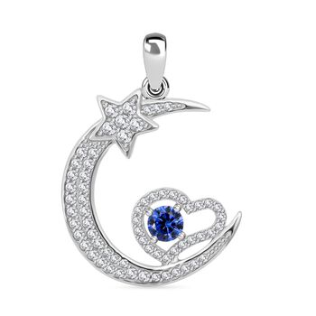 LUSTRO STELLA - Blauer Zirkonia, Wei&szlig;er Zirkonia Mond und Stern Anh&auml;nger 925 Silber rhodiniert